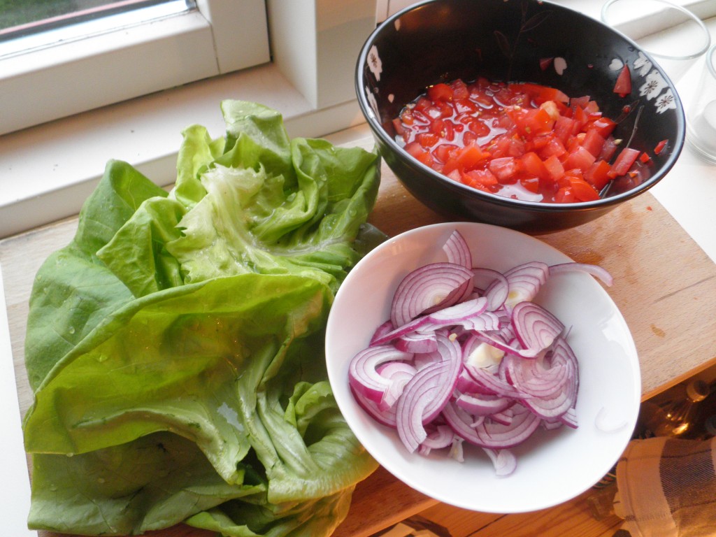Ingredienser til hjemmelavet cheeseburger: tomatsalsa, rødløg og salat