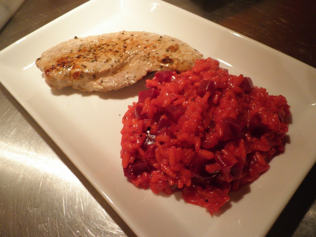 Skinkesnitzel og rødbederisotto - risotto på rødbede